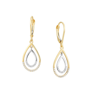 Two-tone CZ Double Framed Teardrop Dangle Earrings